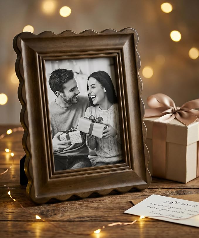 Afuly 5x7 Wooden Picture Frames Rustic Photo Frames Farmhouse Wavy Picture Frame Mid Century Modern Decor 5x7 Frams Living Room Wall and Tabletop, Gifts for Grandma Mom Family