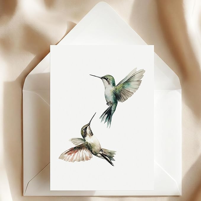Hummingbirds Greeting Cards - Set of 10 All Occasion 5x7 Note Cards with Envelopes. Blank Inside. Watercolor Images of Hummingbirds in Flight.