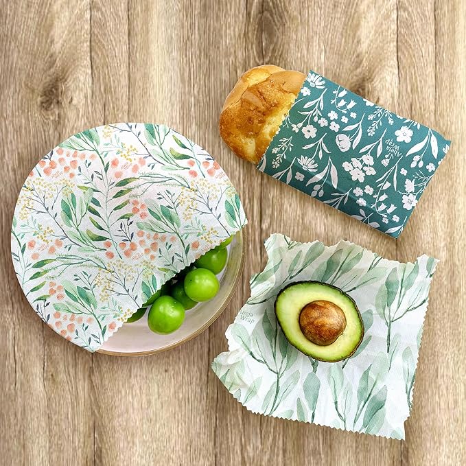 Beeswax Food Wrap, Reusable Beeswax Wraps Storage Set 9-Pack (5S 3M 1L), Organic and Beeswax Wraps Reusable, Sustainable Alternative/Flowers Grass