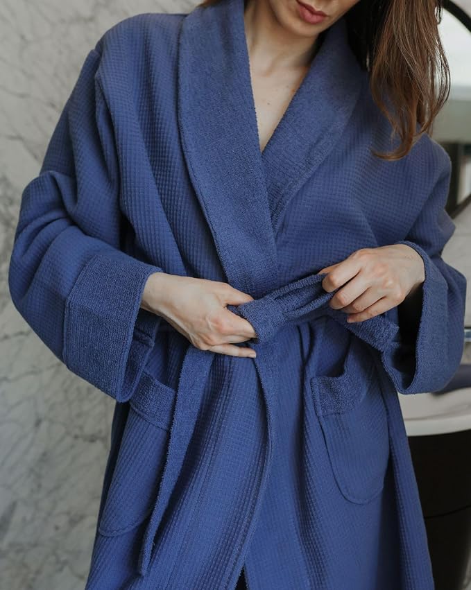 sea me at home Turkish Cotton Waffle Bathrobe, Luxury Spa Hotel Shawl Collar Robe for Women & Men, Plush Terry Inside