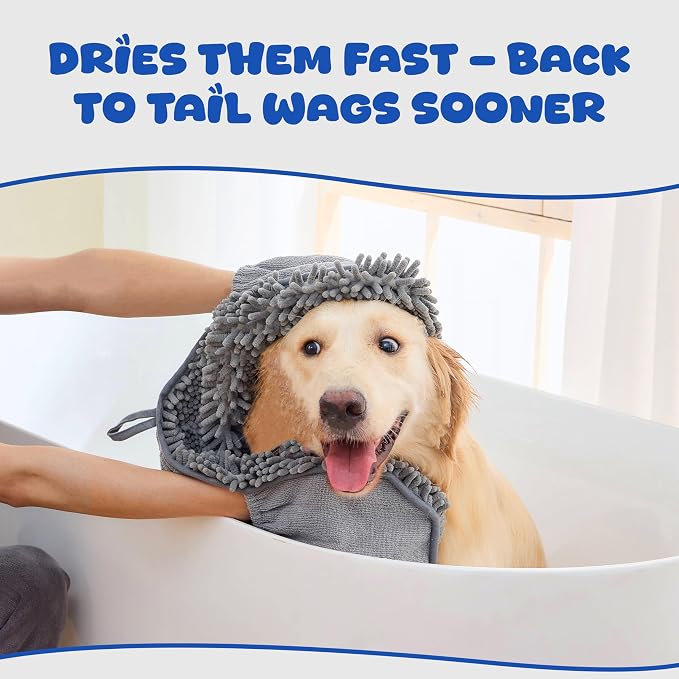 Microfiber Dog Bath Towel, Grey | Super Absorbent, Quick Dry, Hand Pockets, Machine Washable