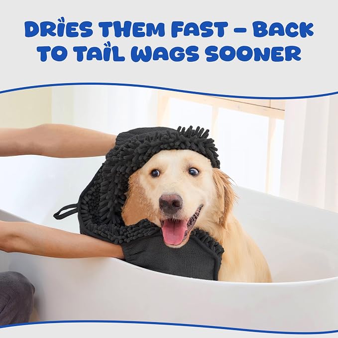 Dog Towel Microfiber, Black | Super Absorbent, Fast Dry, Hand Pockets, Large & Small Dogs, Machine Washable