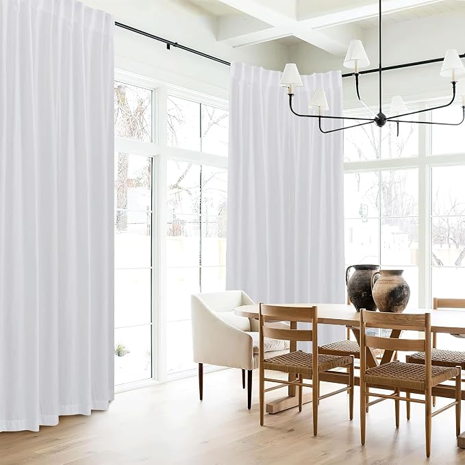 RYB HOME Living Room Curtains Linen Sheer, Light Filtering White Linen Curtains & Drapes 95 inches Long 2 Panels Back Tab Backdrop for Farmhouse Bathroom, W 52 x L 95 inches