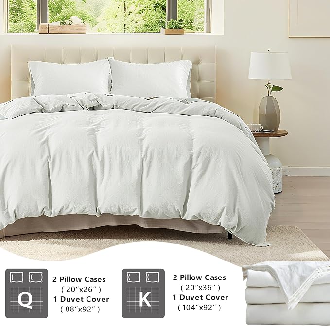 QKTE French Linen Duvet Cover Set, 3 PCS Natural French Flax White Duvet Cover Queen Size, Breathable Soft Comfy Linen Bedding Comforter Cover with 2 Pillowcases(White, 88" x 92")