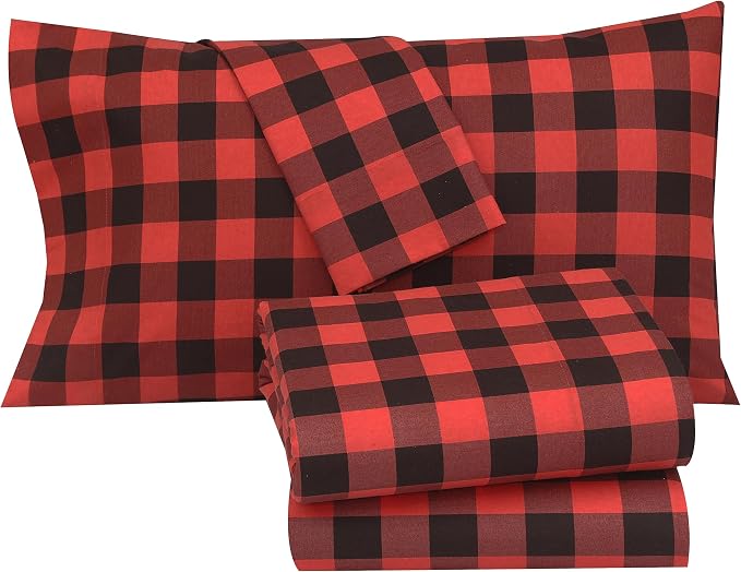 RUVANTI Flannel Sheets King Size - 100% Cotton Double Brushed King Size Sheets Set - Deep Pockets 16 Inches Bed Sheets - All Seasons Breathable & Extra Soft - Warm & Cozy, 4 Piece, Red & Black Plaid