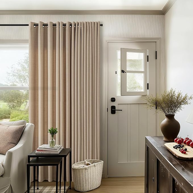 Tan Brown 96 Inch Linen Curtains 2 Panels Set Grommet Light Filtering Burlap Dark Flax Drapes Boho Farmhouse Semi Sheer Window Curtain 96 Inches Length for Hallway Living Room Sliding Patio Door