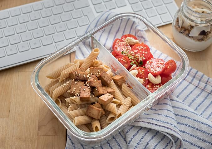 Moss and Stone Rectangular Borosilicate Glass Meal Food Containers - Prep Food Storage Containers Airtight - Snap Locking Lids – Microwave, Oven, Freezer, Dishwasher Safe – with 2 Compartment 2 Pack