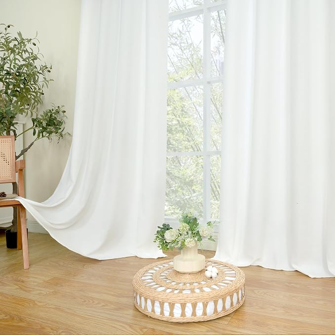 LAMIT White Linen Curtains 48 inch Length for Small Windows, Grommet Light Filtering Linen Textured Drapes for Bedroom/Kitchen/Bathroom, 2 Panels Set, W42 x L48