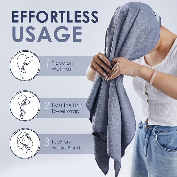SimpleField Large Microfiber Hair Towel Wrap (27x40 Inches) for Women, Anti-Frizz Flat Rectangle Drying Towel with Full Hair Coverage Design, Elastic Band for Long, Curly and Thick Hair (Grey)