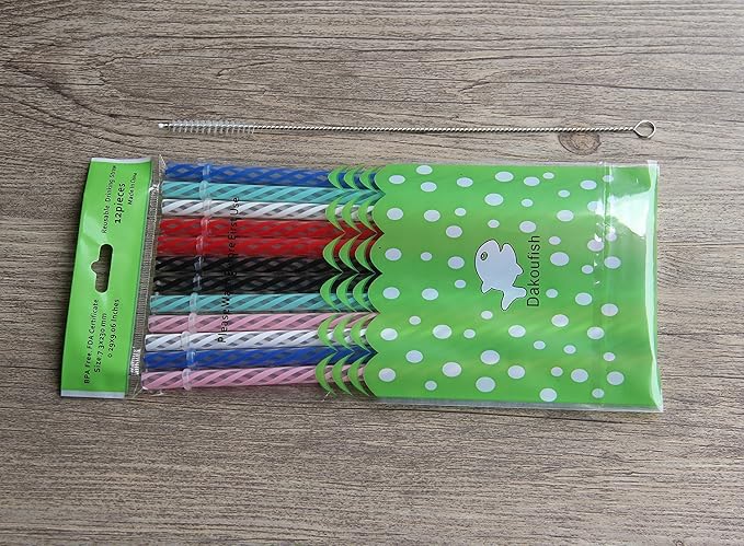 Dakoufish 12 Piece 9 Inch Reusable Plastic Thick Drinking Straws BPA Free Mason Jar Straws transparent small Stripe 6 Colors (9inch White)
