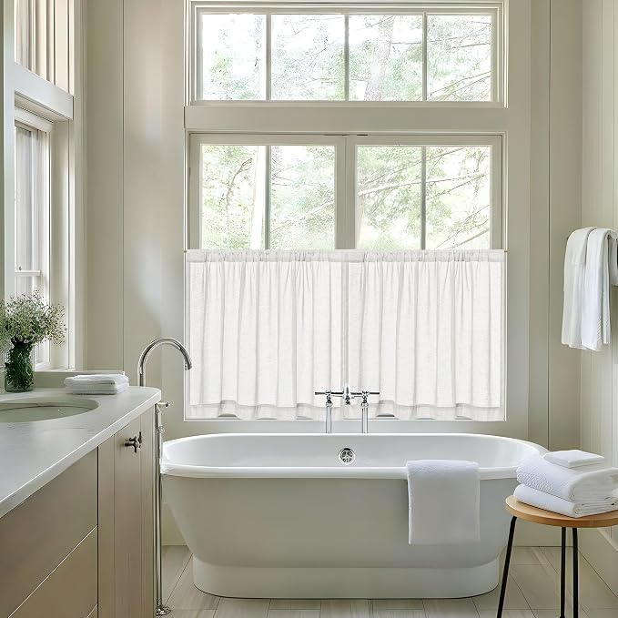 Off White Semi Sheer Linen Cafe Short Curtains 30 Inch Long 2 Panels | Ivory Cream, 25x30 Inch, Boho Rustic, Small Drapes for Kitchen Bathroom Laundry Window Treatment, Light Filtering,Rod Pocket