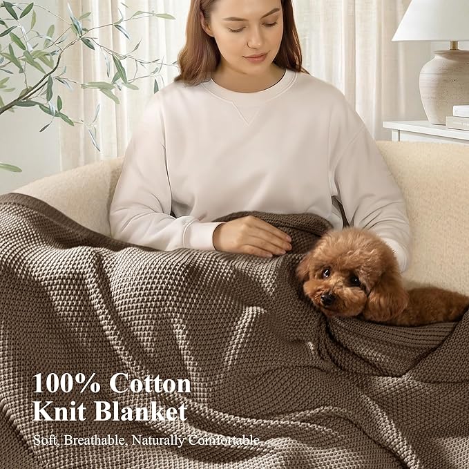 100% Cotton Cable Knit Throw Blanket, Large Lightweight Soft Knit Blanket for Sofa Couch Bed, Breathable All-Season Throw, Cozy Decorative Blanket, 60 x 80 Inch,Taupe