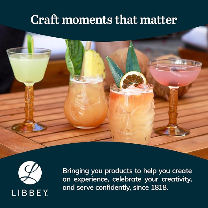 Libbey Zombie Clear Glass Tumbler Set, Vintage-Style Tiki Drinking Glasses Set of 4, Exotic, Tall Drinking Glass Cups for Backyard Luau or Pool Party