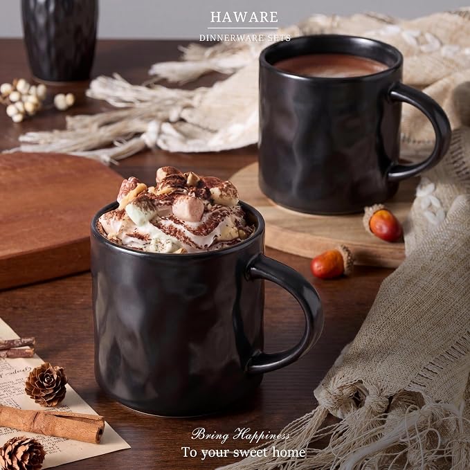 HaWare 14OZ Coffee Mugs Set of 4, Stoneware Coffee Cups with Handle, Latte Mug for Man, Woman, Dad, Mom, Modern Tea Mugs for Latte/Cappuccino/Cocoa/Milk, Dishwasher& Microwave Safe, Matte Black