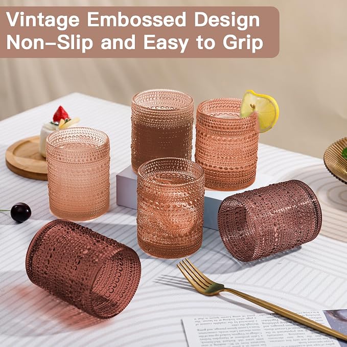 JOVGANK Venus Vintage Hobnail Drinking Glasses Set of 6, Embossed Water Tumbler 12oz, Kitchen & Bar Beaded Glass Cups, Beverage Glass Cups for Water, Beer, Juice, Housewarming Gift