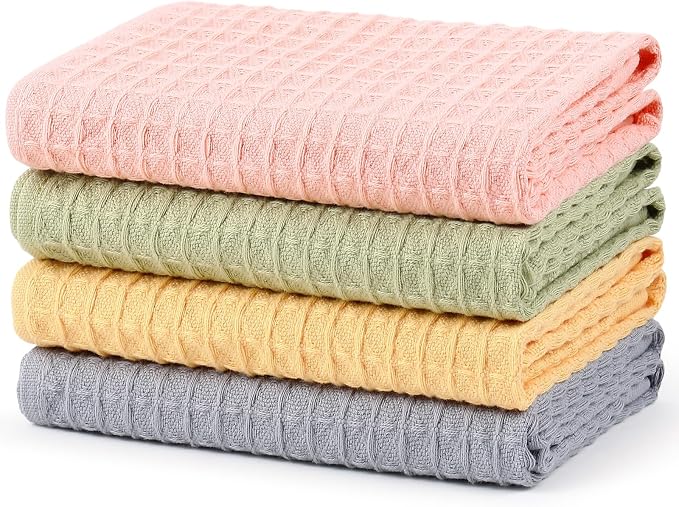 SmoothNovelty 4 Pack 100% Cotton Waffle Bathroom Hand Towels 13 x 29 Inch Waffle Weave Kitchen Dish Towel Quick Dry Absorbent for Bathroom Shower Gym Spa Yoga, Candy Color