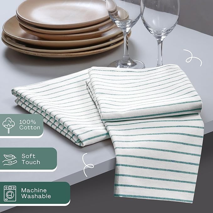 Sea Green Stripe Dinner Napkins (Set of 12), 18x18 Inch, 100% Cotton, Machine Washable, Classic Striped Table Linen for Beach Lunches, Formal Events, Outdoor Dining & Everyday Use