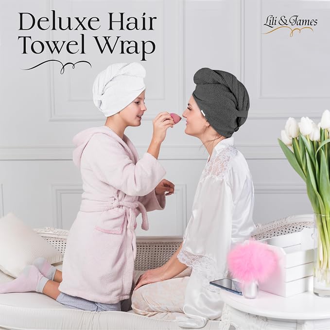 Lili&James 100% Cotton Hair Towel Wrap for Women & Kids β 420 GSM Quick Dry Hair Turban with Double Button Loop, Anti Frizz Non Microfiber Hair Drying Towel for Curly, Long & Thick Hair (White+Grey)
