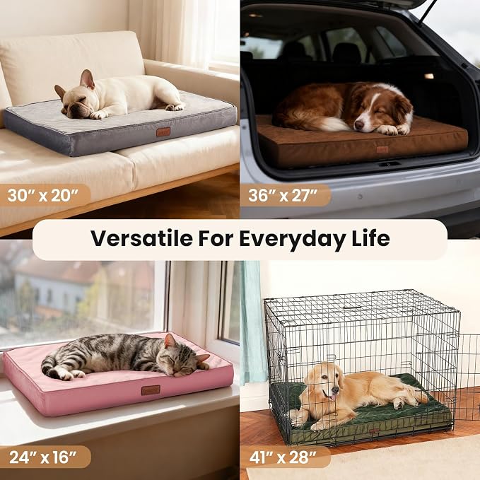 OhGeni Orthopedic Waterproof Dog Bed for Medium Dogs, Machine-Washable Removable Cover in Easy-Clean Fabric, Reversible Memory Foam & Easy-Carry Handle, Suitable for Crate, 30 inch (Pink)