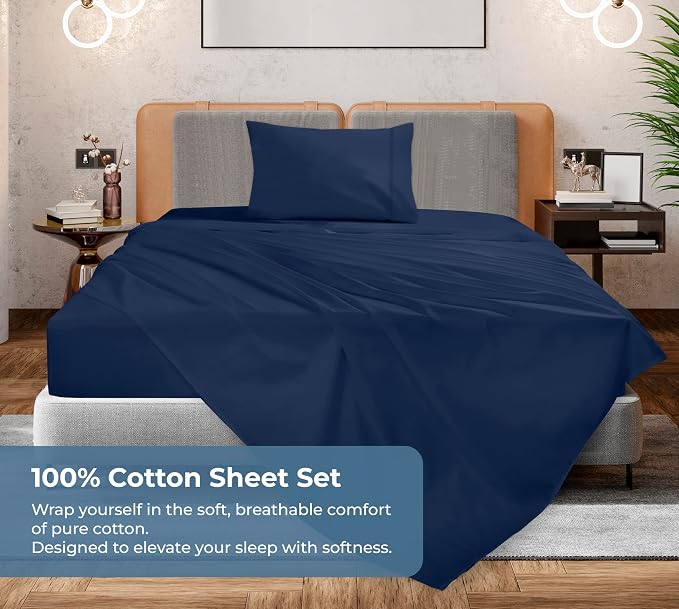 ROYALE LINENS 100% Organic Cotton Twin Sheet Set - Percale Weave - 3 Pieces Set - 1 Flat, 1 Deep Pocket Fitted Sheet and 1 Pillowcases - Navy Bed Sheets - Sábanas Twin - Crisp Cool (Navy)