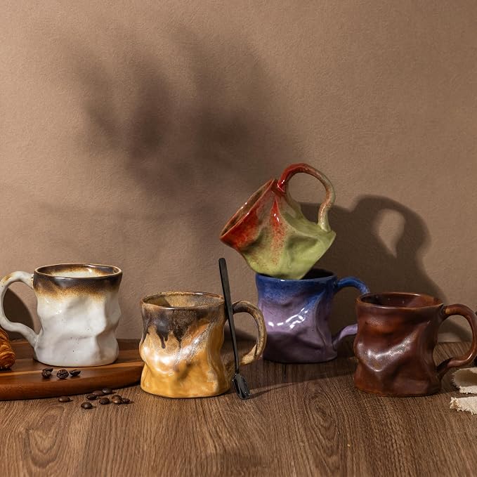 Handmade Ceramic Coffee Mugs, Mugs with Spoon, 11oz, Handmade Pottery Mug with Handle, Hand-painting, Unique Uneven Surface Tea cups, Dishwasher and Microwave Safe (Yellow)