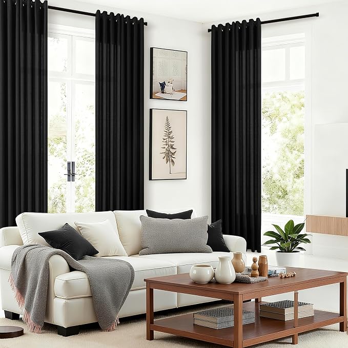 Black Curtains 90 Inches Long 2 Panels for Living Room Home Office Light Filtering Privacy Protection Grommet Linen Drapes Modern Farmhouse Neutral Semi Sheer 90 Inch Length Curtains for Bedroom