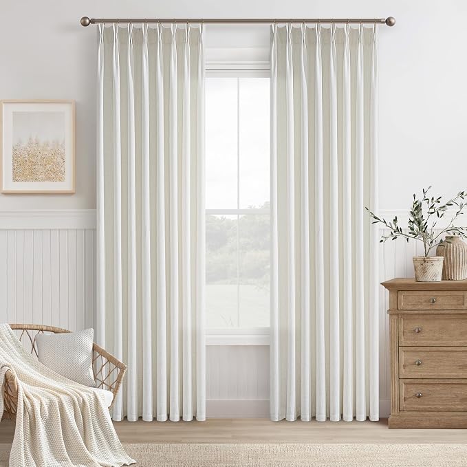 105 Inch Linen Curtains for Living Room Dining Floor to Ceiling Pinch Pleated Hooks Rings Back Tab Light Filtering Semi Sheer Curtain Drapes 2 Panels Set for Large Window Boho Neutral Beige White