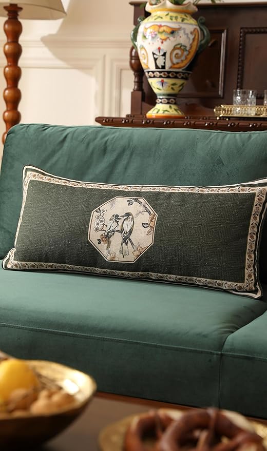 ISAENNE Design Linen Chinoiserie Lumbar Throw Pillow Covers 12"x28" Pack of 2, Farmhouse Cushion Covers with Yellow Floral Birds Pattern Decoration Pillowcases for Bed,Living Room,Outdoor,Car