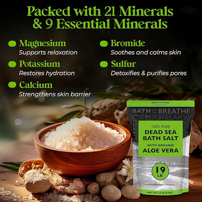 Aromasong Dead Sea Salt Bundle 19 LB Lavender & Aloe Vera - 100% Natural Spa Bath Salts for Soaking, Relaxation, Skin Rejuvenation, Detox, Body Scrub, and Muscle Relief