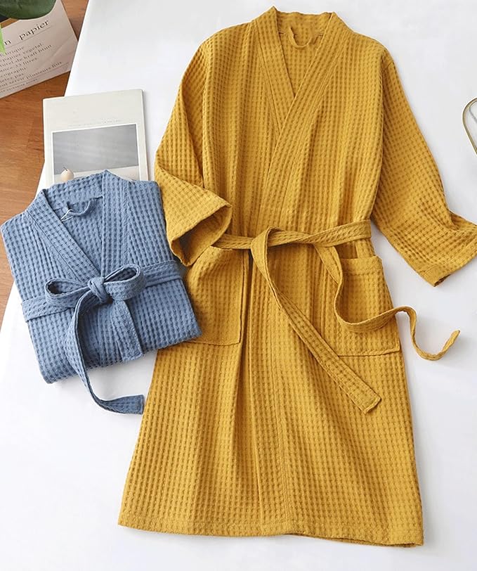 Men & Women Long Sleeve Kimono Bathrobe Lightweight Waffle Absorbent Spa Robe with Belt and Pockets