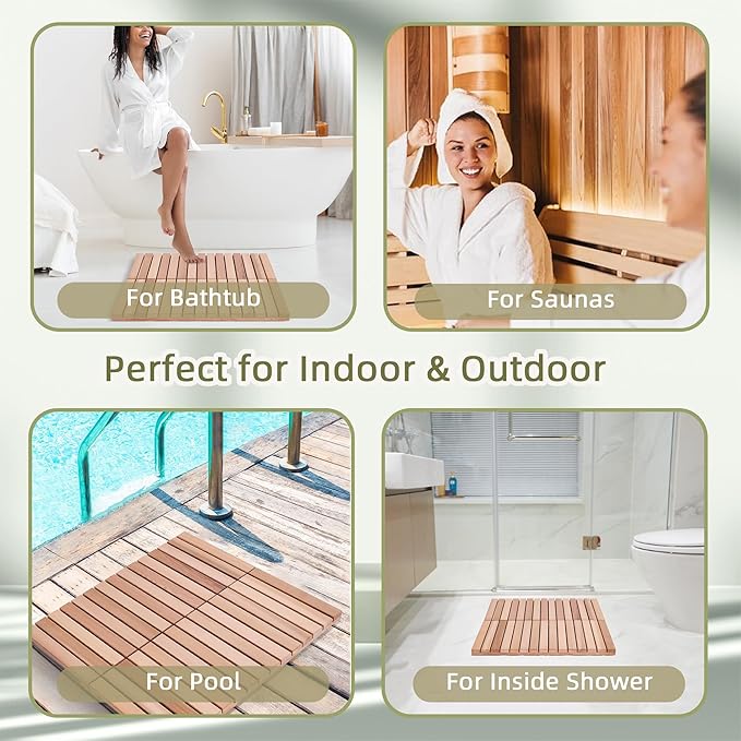bingaai Cedar Wood Shower Mat, Cedar Wooden Bath Mats, 30" Square Mat, Foldable Wood Bath Mat Non-Slip for Bathroom Bathtub Spa Sauna Garden Home, Wooden Floor Mat Large for Indoor and Outdoor