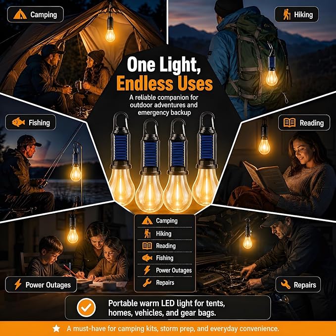 4-Pack Solar Camping Lantern, Portable LED Solar USB Rechargeable Lantern Flashlight Emergency Hanging Light Bulb for Indoor Outdoor Home Power Outages Hiking Hurricane (4)