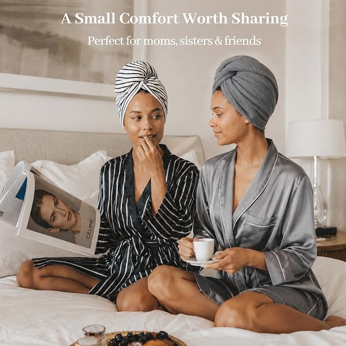 ROLSHOL Cotton Hair Towel Wrap for Women, 2 Pack 100% Cotton Hair Drying Towels for Long, Thick & Curly Hair, 32" x 11" Large Hair Turban for Wet Hair with Elastic Band (Black)