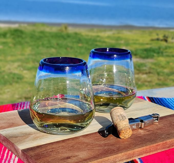 Dos Sueños Hand Blown Mexican Stemless Wine Glasses - Set of 6 Glasses with Cobalt Blue Rims (15 oz)