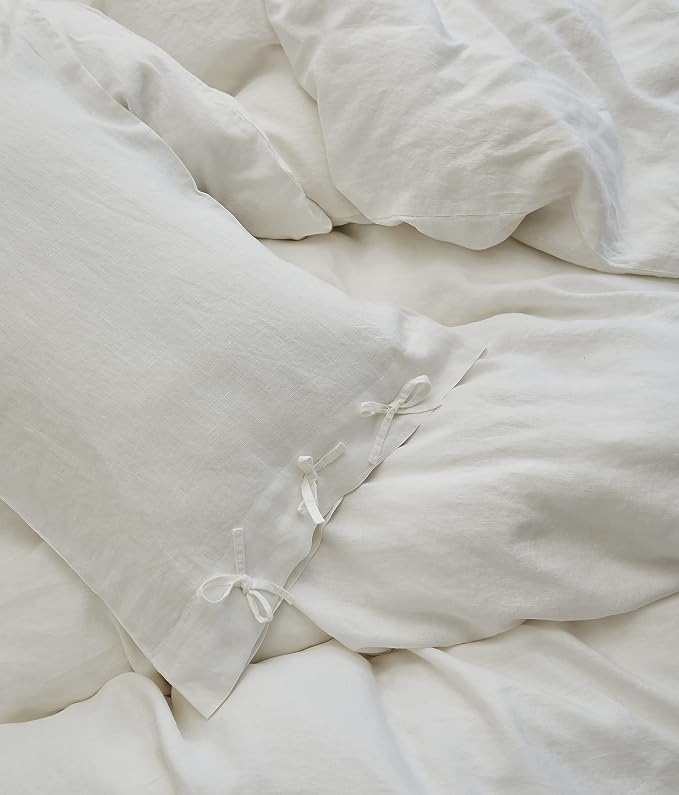 Simple&Opulence 100% Linen Duvet Cover Set 3pcs with Bowknot Ties Closure Natural French Washed Flax Solid Color Soft Breathable Farmhouse Bedding - White, King Size