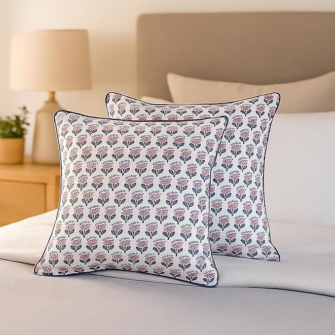 SheetKart Pure Cotton Throw Pillow Covers - Set of 2 - Hand Block Pure Cotton Printed Boho Decorative Pillow Covers - Cushion Covers for Living Room, Bohemian Theme, 18 x 18 Inches, Lavender Whisper