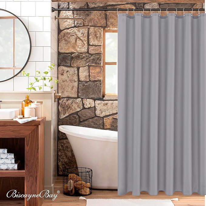 Biscaynebay Extra Long Fabric Shower Curtain Liner 72 Inch Width by 84 Inch Length, Silver Grey Water Resistant Bathroom Curtains, Rust Resistant Grommets Top Weighted Bottom Machine Washable