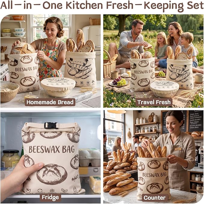 3 Pack Beeswax Bread Bags 17"x13" & 10" Bowl Cover Set, Reusable Organic Linen Bread Storage Bag for Sourdough Homemade Bread, Freezer Safe Zero Waste Eco-Friendly Food Wrap Set for Baking and Storage