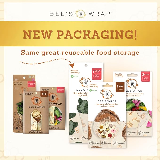 Bee's Wrap Bakery Lane Starter Kit - Beeswax Food Wraps Bundle Includes 1 Bread Wrap, 1 Cut to Size Roll & 3 Assorted Bakery Lane Wraps - Made in the USA Beeswax Reusable Wraps for Food