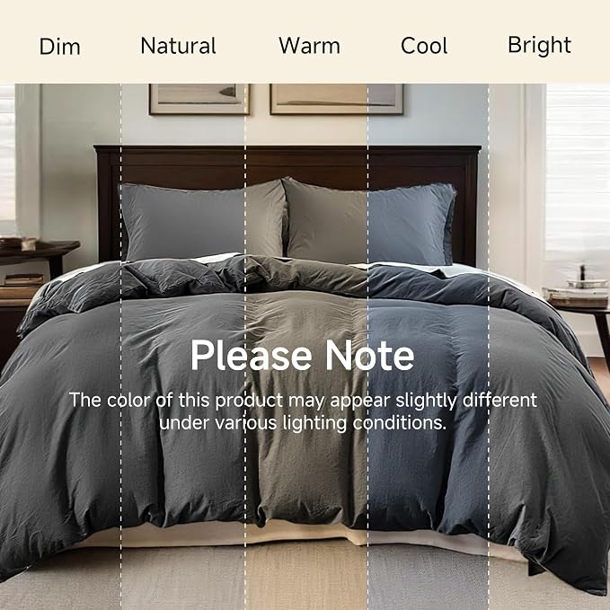 QKTE French Linen Duvet Cover Set, 3 PCS Natural French Flax Dark Grey Duvet Cover King Size, Breathable Soft Comfy Linen Bedding Comforter Cover with 2 Pillowcases(Dark Grey, 104" x 92")