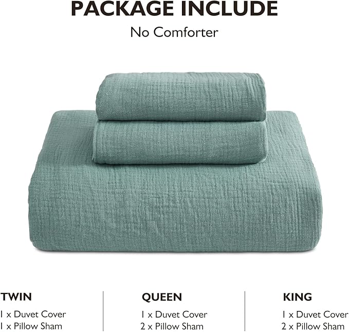 EMME Muslin Cotton Duvet Cover Set Teal King Size Linen Like Soft Breathable Lightweight Summer Comforter Cover Set with Zipper Closure (Teal, King, 104"x90")