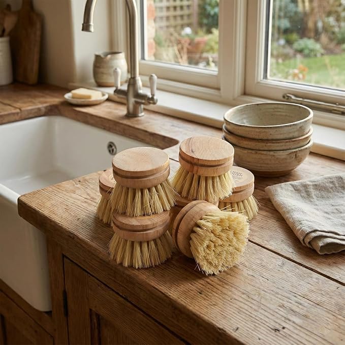12pcs Dish Brush with Wooden Handle Natural Kitchen Brush Washing Scrubber Kitchen Dishwashing Washing Up Brushes Heads Bristle Brushes Refills for Sinks Cleaning Cast Iron Pots Pans Vegetables