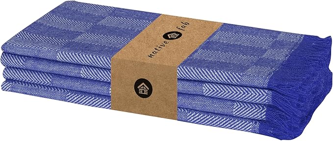 Native Fab Herringbone Cloth Napkins 16x16 inches, 100% Cotton Dinner Napkins with Fringes, Set of 4 Decorative Frayed Edges, Washable Table Linen Napkins, Soft Breathable Absorbent, Ink Blue