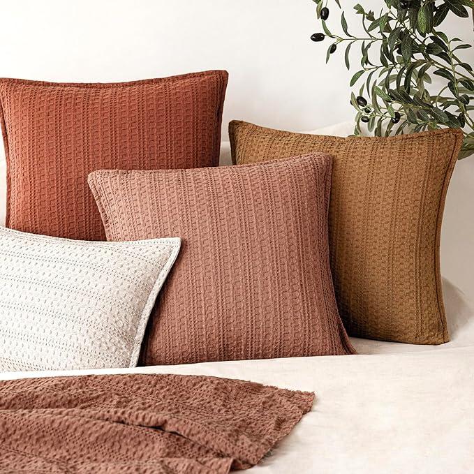 Foindtower Set of 2 Decorative Cotton Waffle Weave Lumbar Throw Pillow Covers Euro Shams Cushion Covers Accent European Pillowcase for Bed Couch Bedroom Living Room Home Decor 12×20 Inch Coral Pink