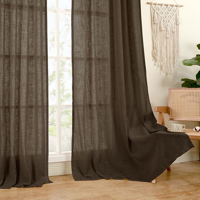 LAMIT Linen Curtains 48 Inch Length 2 Panels, Light Filtering Panels Back Tab and Rod Pocket Neutral Drapes for Kitchen/Window/Loft Room/Bedroom, 34 x 48 Inch, Dark Brown