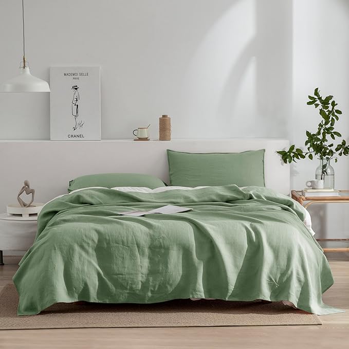 EVERLY Linen Sheets Set Queen Size,100% French Stonewash Pure Linen Sheets Set,4Pieces (1Flat Sheet,1Fitted Sheet,2Pillowcase) Suitable for Hot Sleepers,Natural Linen Bed Set-Saga Green-Queen