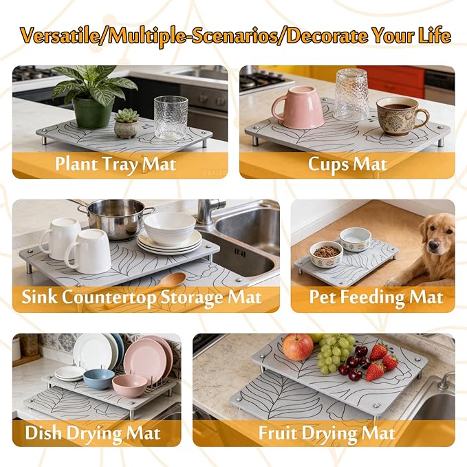 2PCS Nesting Stone Drying Mat for Kitchen Counter, Diatomaceous Earth Dish Drying Mat with Non-Slip Feet, Quick Dry Stone Mats Kitchen, Heat Resistant Stones Dish Dry Mats for Bottle Cup