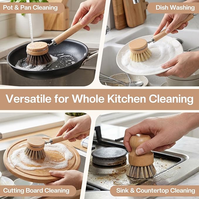 5 Pcs Bamboo Wood Dish Brush Set Includes 1 Wooden Handle with 3 Natural Replaceable Bristle Heads and 1 Handheld Bamboo Wok Brush Scrubber for Dishes Pans Pots Fruit and Veggie Washing(Style A)