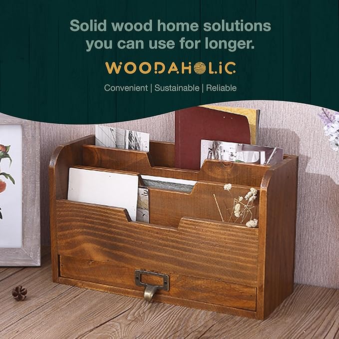 Rustic Wooden Desk Organizer - Vertical File Sorter with 3 Compartments & 1 Paper Tray Drawer - Mahogany Wood