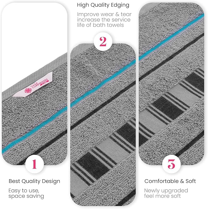 CASA COPENHAGEN X Line 6Pcs 100% Egyptian Cotton Large Designer Towels Gift Set- Silver Grey - Teal, 600 GSM, 2Bath 2Hand 2Washcloths, Bath Towels for Bathroom (Gift Set for Women & Men)